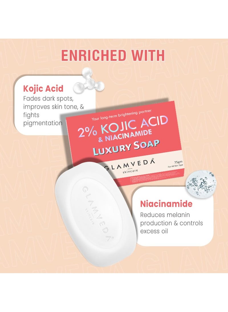 Glamveda 2 percent kojic acid skin lightening soap with niacinamide for dark spots pigmentation sun tanning glass skin clear glow all skin types 75gm - Image 4