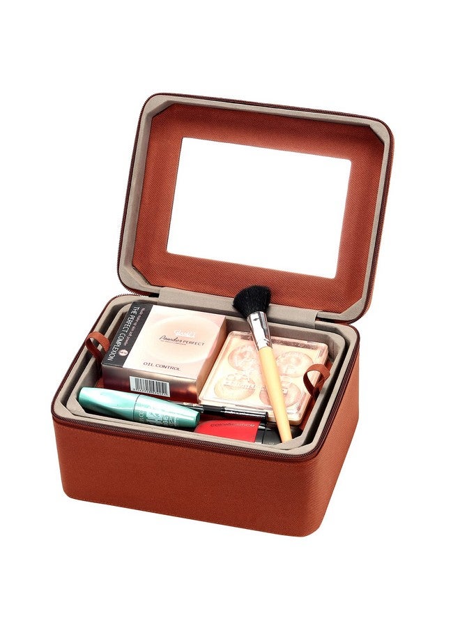 FADAK Polyester Makeup Cosmetic Box for Wedding Makeup Box Jewelry Bridal Trousseau Box Vanity Beauty Case Large Vanity Box Vanity Bag with Dividers for Brushes Travel Cosmetic Organizer Bag (Brown) - Image 5