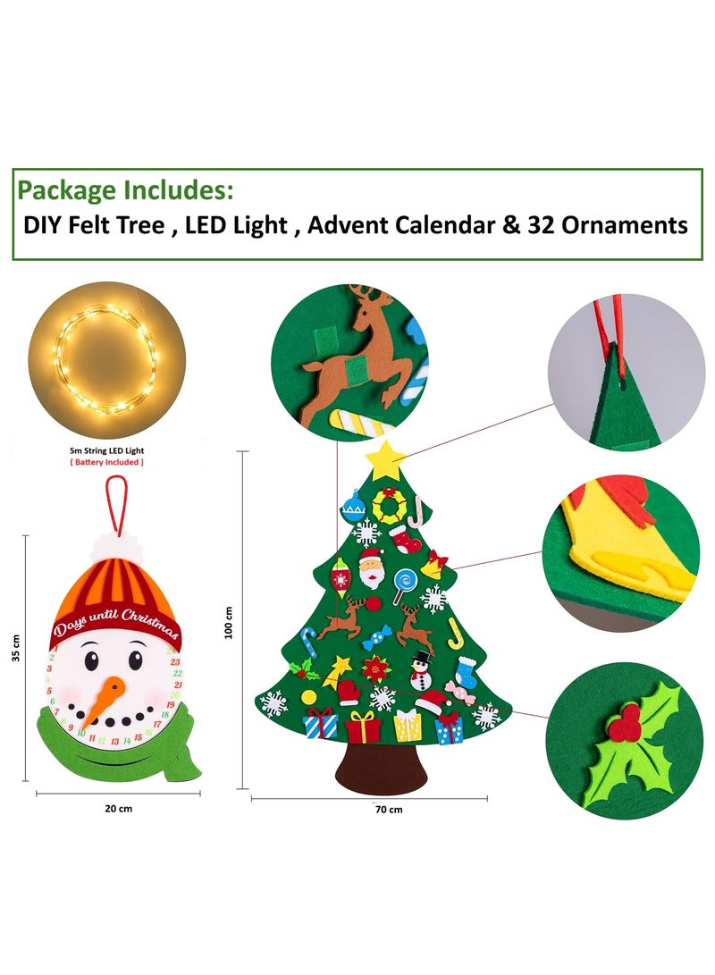 The BZ Company 3.3ft DIY Felt Christmas Tree with Advent Calendar, 5m LED Lights & 32 Ornaments – Wall Hanging Xmas Decorations for Kids & Toddlers, Holiday Home Décor Activity Set - Image 2