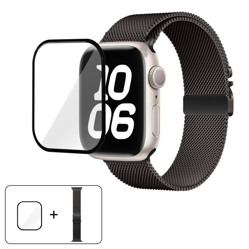For Apple Watch Series 10 46mm Umbrella Buckle Milanese Stainless Steel Watch Band with 3D Curved Film(Black)