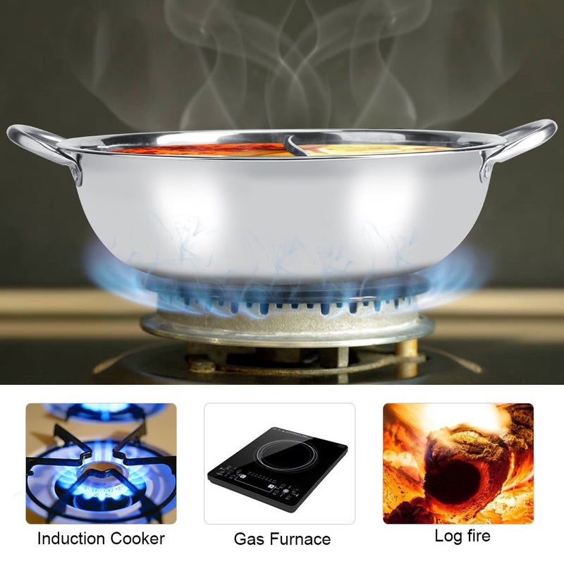 LIYJTK Stainless Steel Pot with Divider, Two-Flavor Separation Induction Cooker, Double-Sided Soup Cooker Double-Flavor Chinese shabu-shabu, Suitable for Family Gatherings(32cm) - Image 5