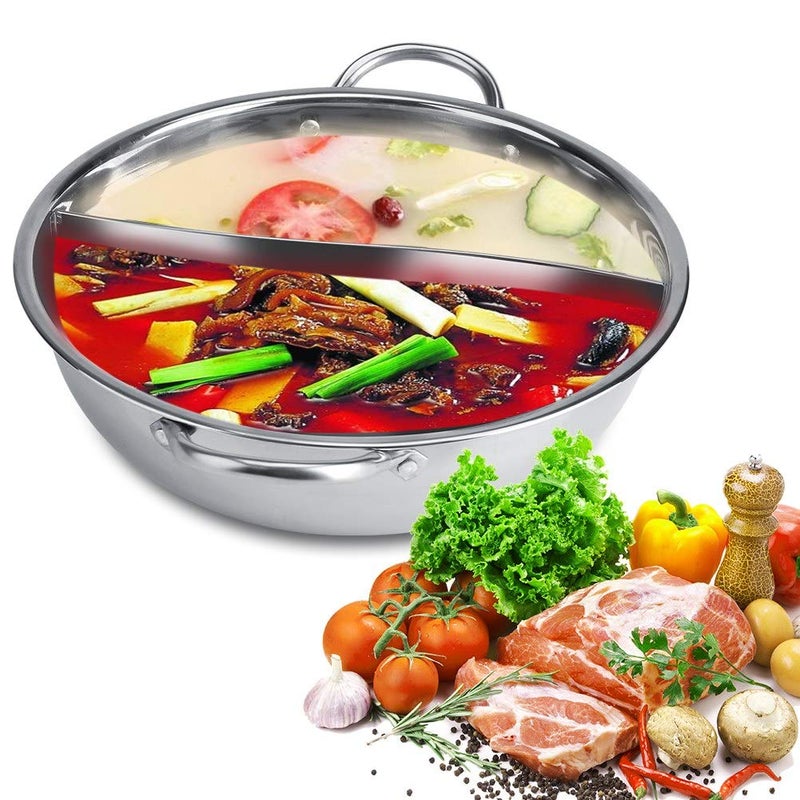 LIYJTK Stainless Steel Pot with Divider, Two-Flavor Separation Induction Cooker, Double-Sided Soup Cooker Double-Flavor Chinese shabu-shabu, Suitable for Family Gatherings(32cm) - Image 1