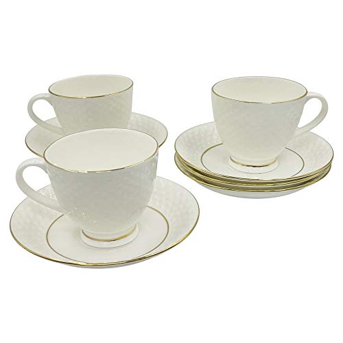 LVOOK Bone China Tea Cup and Saucer Series, 6 Piece Set, 120 ML, White, Geometric Pattern, Polished Finish, Microwave & Dishwasher Safe, Chip Resistant, Reusable, Perfect for Home Use - Image 3