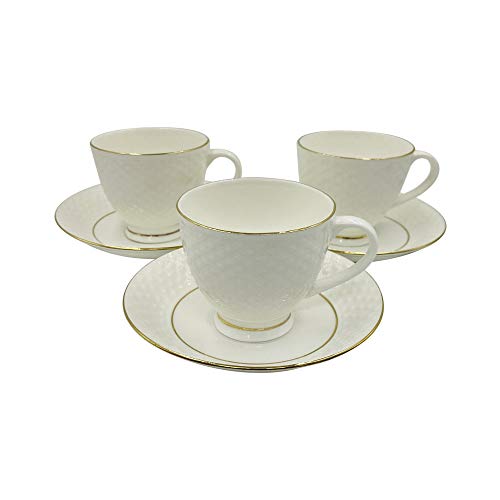 LVOOK Bone China Tea Cup and Saucer Series, 6 Piece Set, 120 ML, White, Geometric Pattern, Polished Finish, Microwave & Dishwasher Safe, Chip Resistant, Reusable, Perfect for Home Use - Image 1