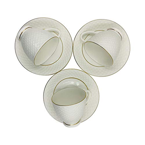 LVOOK Bone China Tea Cup and Saucer Series, 6 Piece Set, 120 ML, White, Geometric Pattern, Polished Finish, Microwave & Dishwasher Safe, Chip Resistant, Reusable, Perfect for Home Use - Image 4