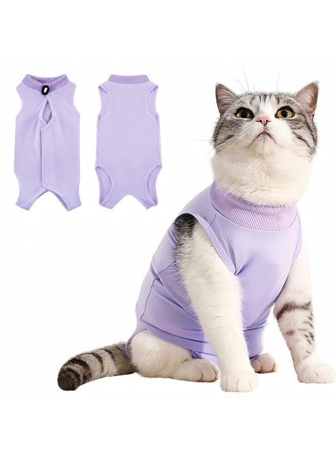 بدلة نقاهة للقطط بعد العمليات الجراحية، بدلة قطنية للقطط الإناث بعد العمليات الجراحية، بدلة تعقيم قابلة للتهوية للجروح البطنية والأمراض الجلدية، بديل لطوق الطوارئ، لون بنفسجي، مقاس متوسط، للحيوانات الأليفة التي يتراوح وزنها بين 4 و8 أرطال - Image 1