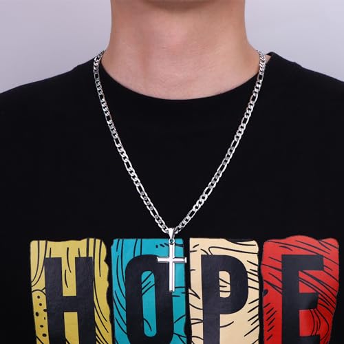 MILACOLATO 925 Sterling Silver Cross Necklace for Men Women, 5mm Durable Stainless Steel Diamond-Cut Figaro Chain with Big Beveled Edge Sterling Silver Cross Pendant, Mens Silver Crucifix Cross Necklaces Jewelry 18 Inches - Image 2