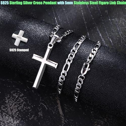 MILACOLATO 925 Sterling Silver Cross Necklace for Men Women, 5mm Durable Stainless Steel Diamond-Cut Figaro Chain with Big Beveled Edge Sterling Silver Cross Pendant, Mens Silver Crucifix Cross Necklaces Jewelry 18 Inches - Image 4