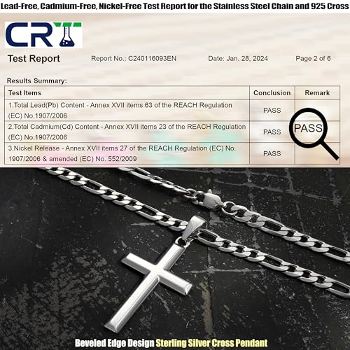 MILACOLATO 925 Sterling Silver Cross Necklace for Men Women, 5mm Durable Stainless Steel Diamond-Cut Figaro Chain with Big Beveled Edge Sterling Silver Cross Pendant, Mens Silver Crucifix Cross Necklaces Jewelry 18 Inches - Image 3