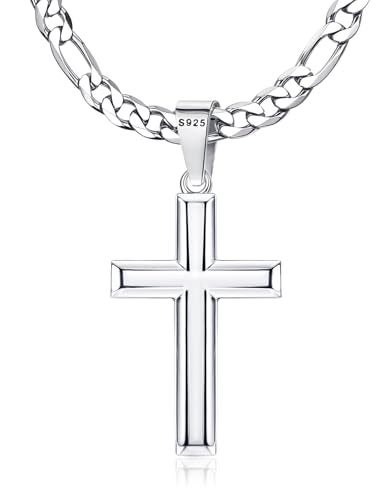 MILACOLATO 925 Sterling Silver Cross Necklace for Men Women, 5mm Durable Stainless Steel Diamond-Cut Figaro Chain with Big Beveled Edge Sterling Silver Cross Pendant, Mens Silver Crucifix Cross Necklaces Jewelry 18 Inches - Image 1