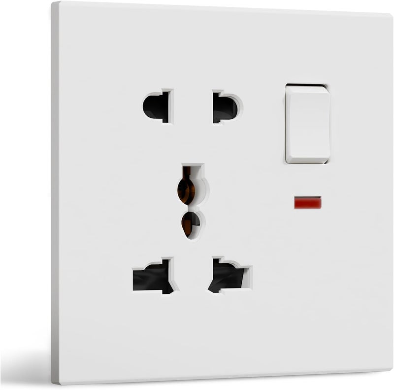 مقبس حائط عالمي 5 دبابيس مع مفتاح واحد ومؤشر LED، مخرج حائط متعدد الوظائف، مقبس طاقة مع لوحة PC مناسب لأكثر من 180 دولة من أنواع المقابس، 13 أمبير أبيض (86 × 86 مم) - Image 1