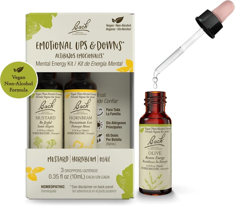Bach Bach Original Flower Remedies, Emotional Ups & Downs Trio Kit, for Mental Energy (Non-Alcohol Formula), Natural Homeopathic Flower Essence, Vegan, 3 x 10mL Droppers