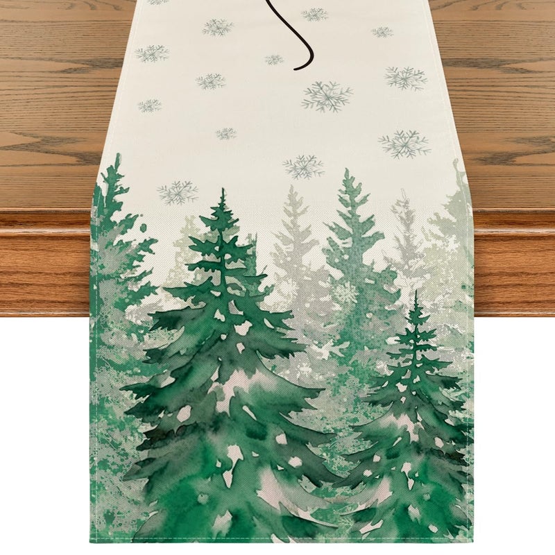 Artoid Mode Ink Wash Painting Christmas Trees Hello Winter Table Runner Seasonal Pine Kitchen Dining Table Decoration for Home Party Decor 13x72 Inch