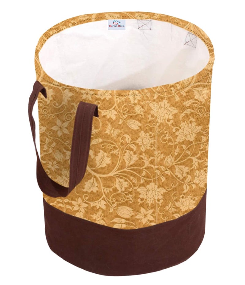 Kuber Industries Heart Home Metalic Flower Print Round Non Woven Fabric Foldable Laundry Basket, Toy Storage Basket, Cloth Storage Basket With Handles, 45 Ltr (Beige)-HEART12057 - Image 2