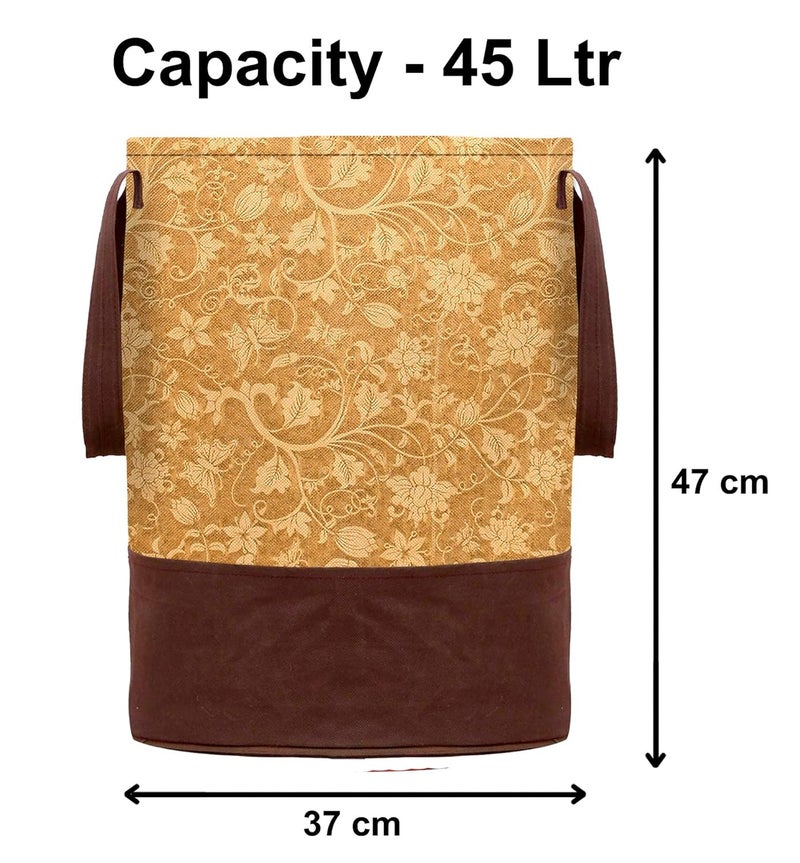 Kuber Industries Heart Home Metalic Flower Print Round Non Woven Fabric Foldable Laundry Basket, Toy Storage Basket, Cloth Storage Basket With Handles, 45 Ltr (Beige)-HEART12057 - Image 4