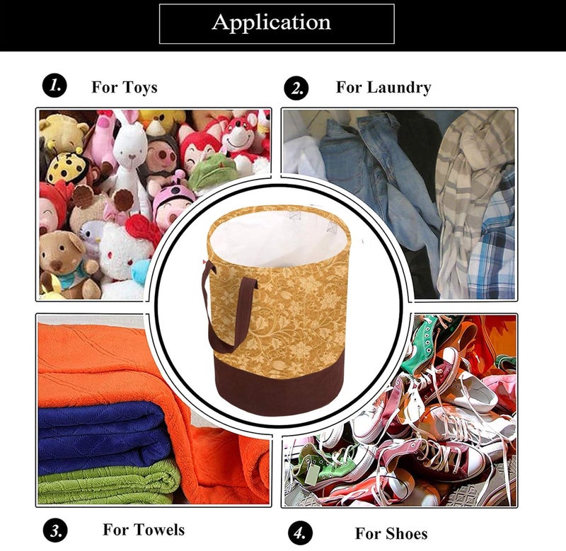 Kuber Industries Heart Home Metalic Flower Print Round Non Woven Fabric Foldable Laundry Basket, Toy Storage Basket, Cloth Storage Basket With Handles, 45 Ltr (Beige)-HEART12057 - Image 5