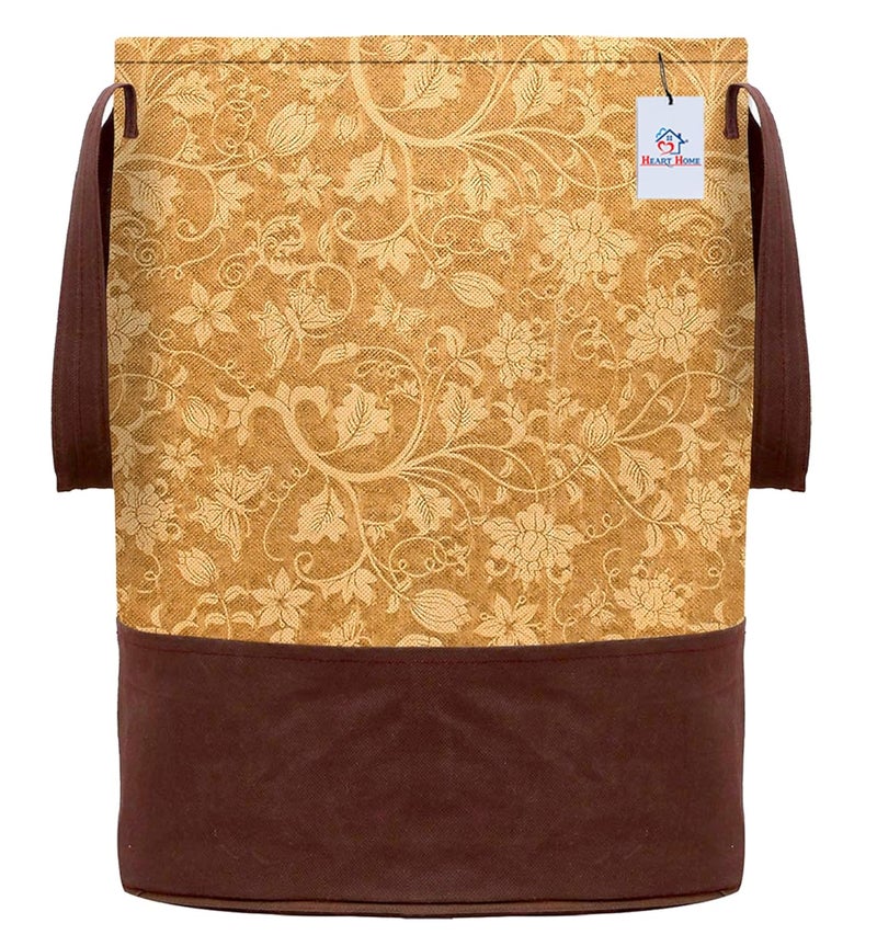 Kuber Industries Heart Home Metalic Flower Print Round Non Woven Fabric Foldable Laundry Basket, Toy Storage Basket, Cloth Storage Basket With Handles, 45 Ltr (Beige)-HEART12057 - Image 3