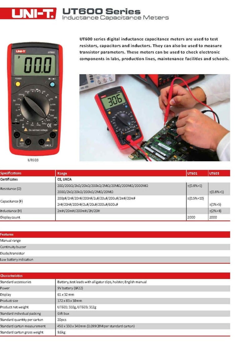 UNI-T UT601 Professional Capacitance Meter, Digital LCR Meter for Capacitance, Resistance, and Continuity Testing