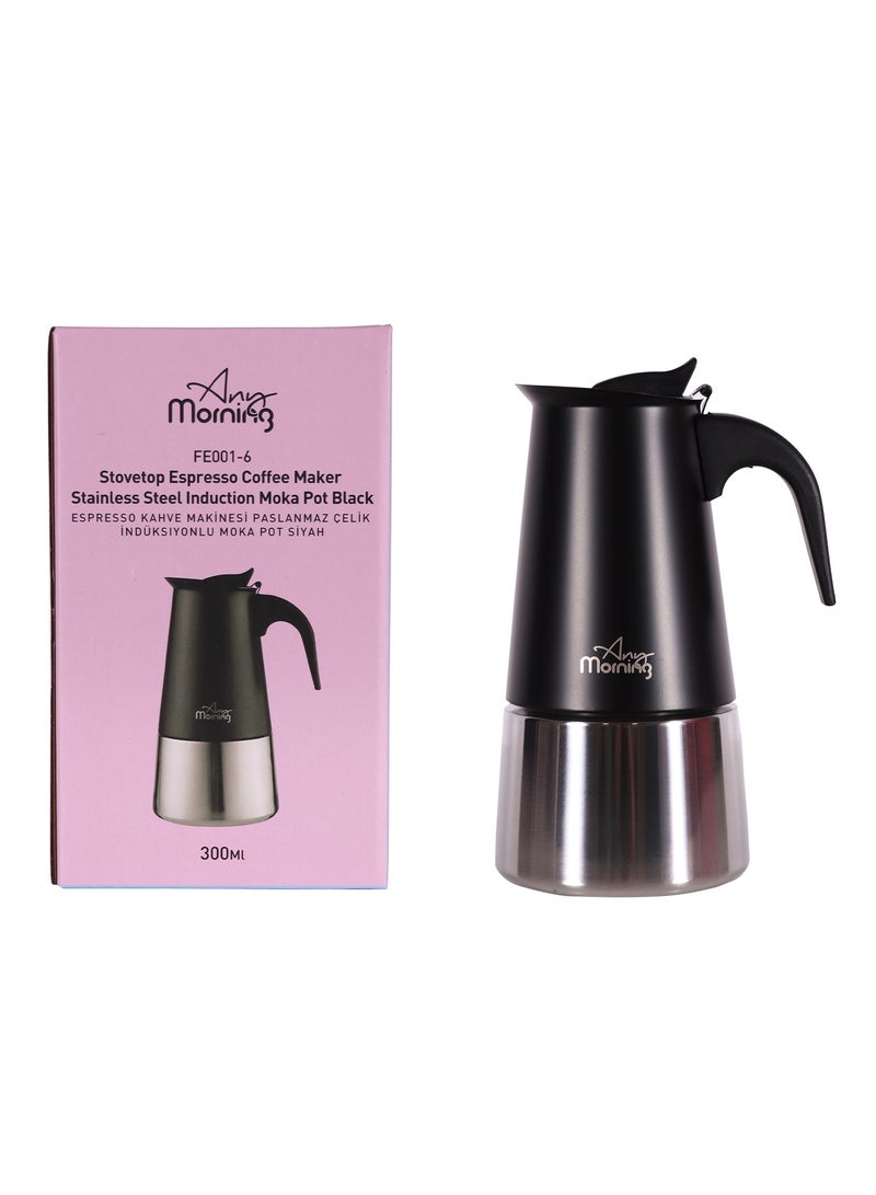 Any Morning Stovetop Espresso Coffee Maker Stainless Steel Induction Moka Pot, 300 ml - 10 oz, Black - Image 5
