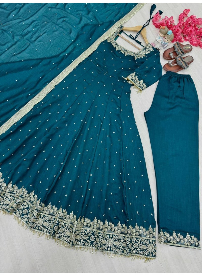 Super Asian Designer Anarkali Gown Set with Palazzo & Dupatta – Premium Embroidery & Fancy Lace Work - Image 5