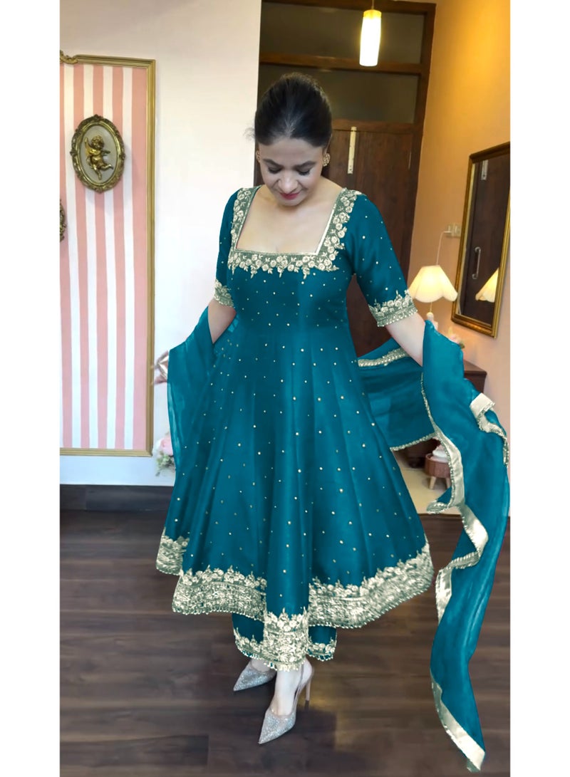 Super Asian Designer Anarkali Gown Set with Palazzo & Dupatta – Premium Embroidery & Fancy Lace Work - Image 1
