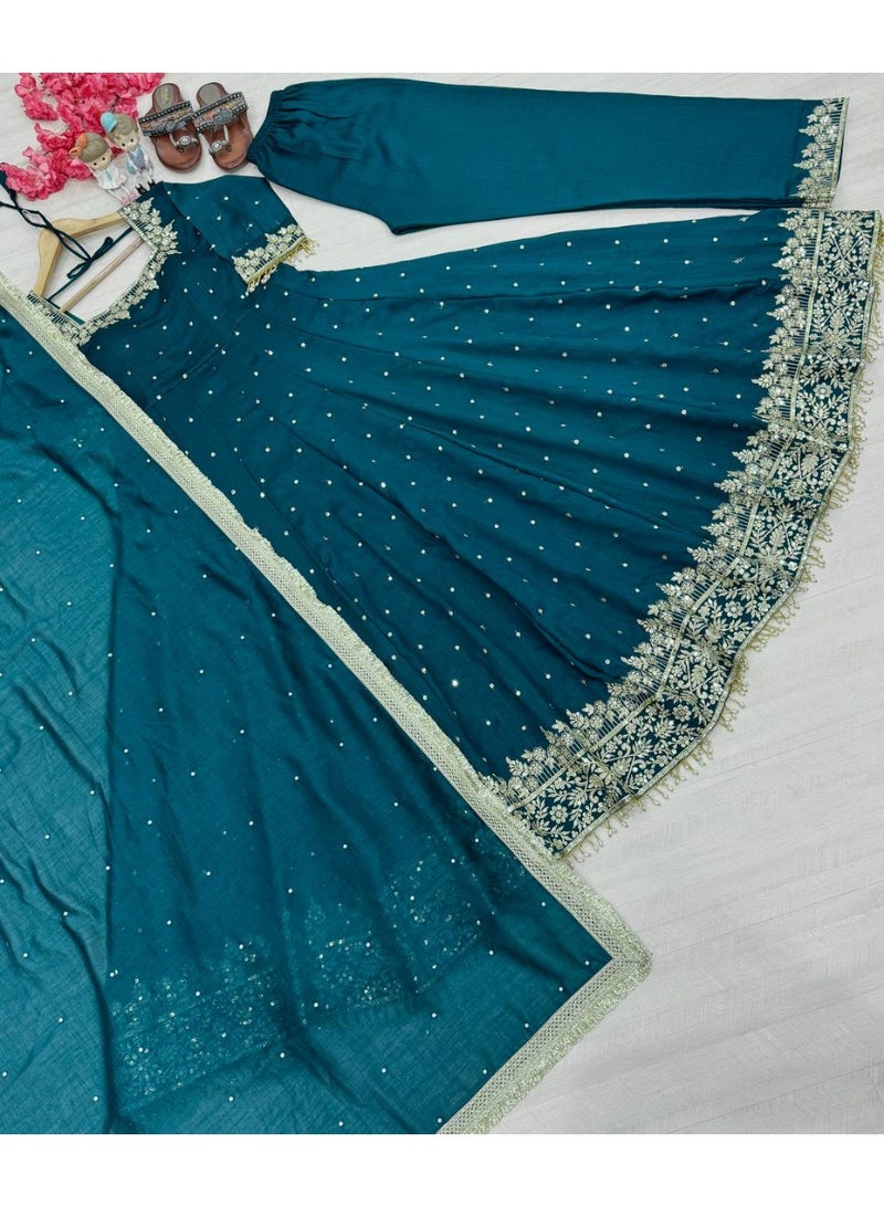 Super Asian Designer Anarkali Gown Set with Palazzo & Dupatta – Premium Embroidery & Fancy Lace Work - Image 2