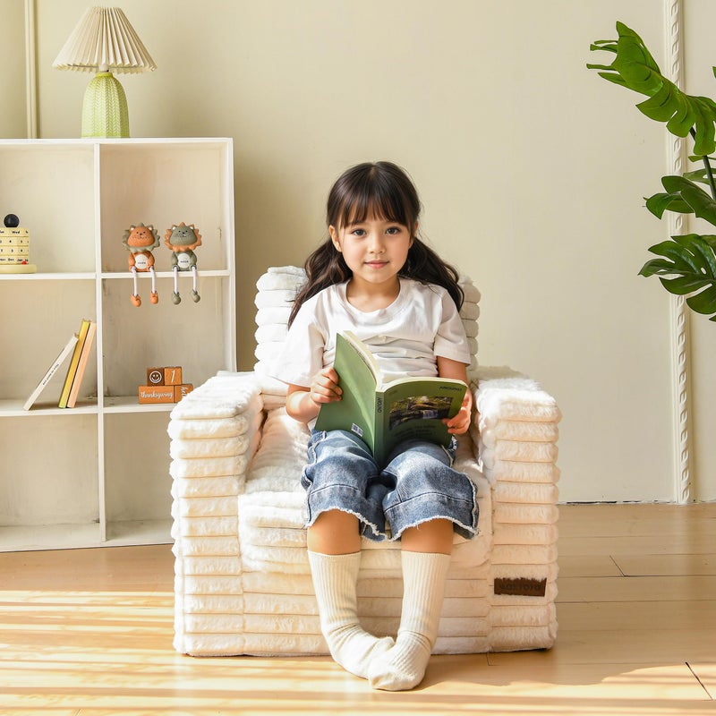 MAXYOYO Kids Bean Bag Chair, Comfy Faux Fur Bean Bag Sofa with Filler, Upholstered Floor Sofa with Pillows and Armrests, Lazy Floor Chair Couch for Boys and Girls, Beige - Image 3
