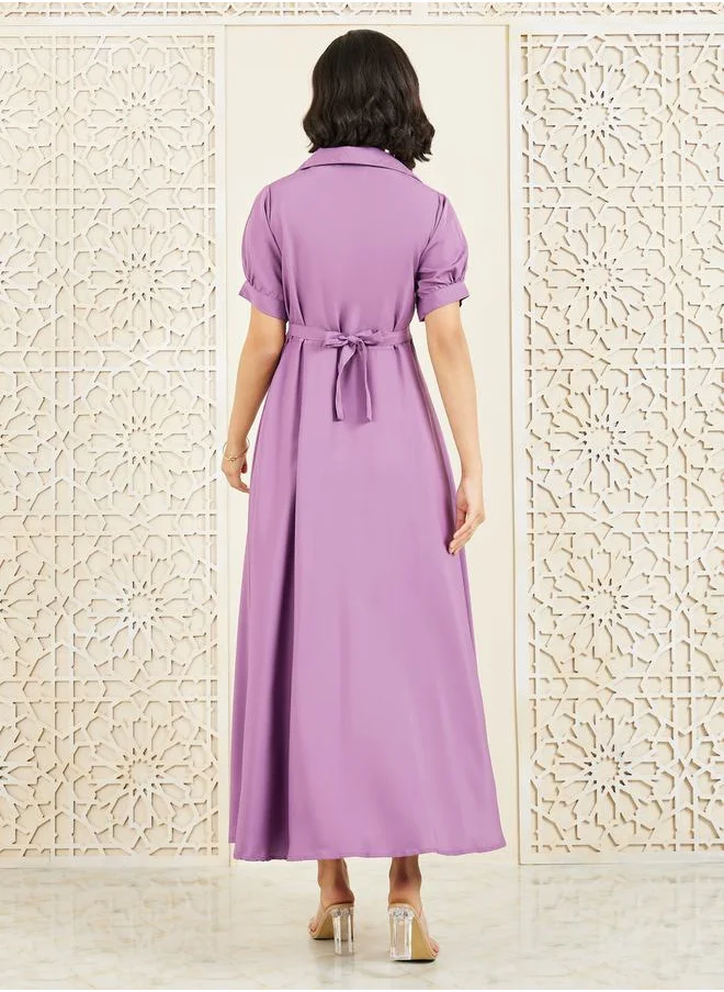 ستايلي Solid Cuban Collar A-Line Shirt Maxi Dress