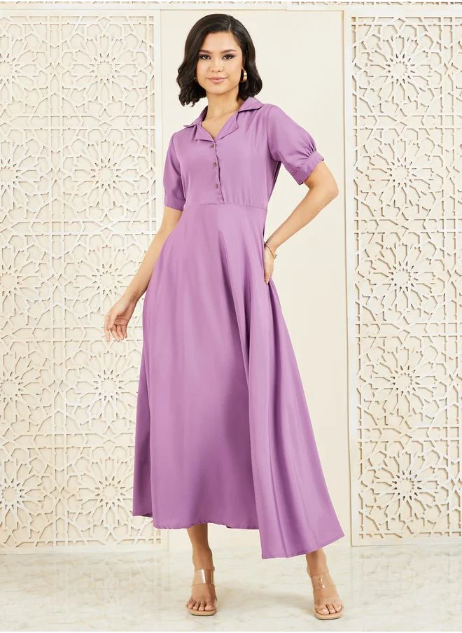 ستايلي Solid Cuban Collar A-Line Shirt Maxi Dress