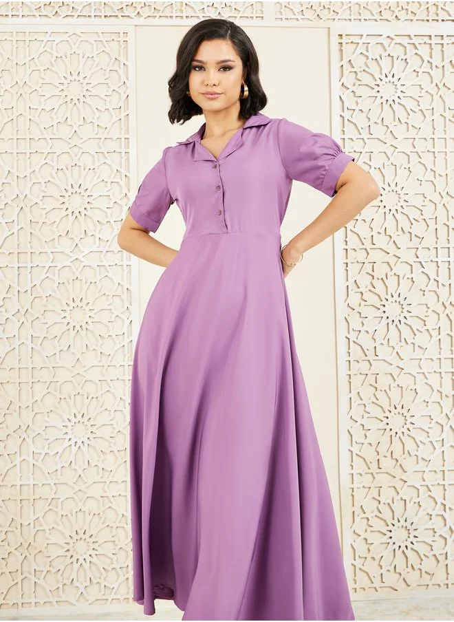 ستايلي Solid Cuban Collar A-Line Shirt Maxi Dress
