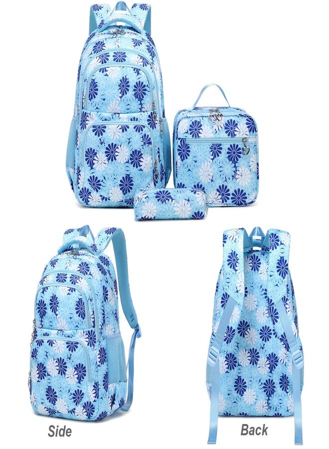 ZHIERNA Daisy Printed Backpacks for Girls with Lunch Bag Pencil Case 3pcs Set, Lightweight Elementary Bookbags for Teen Girls, Blue, Daypack Backpacks - Image 4