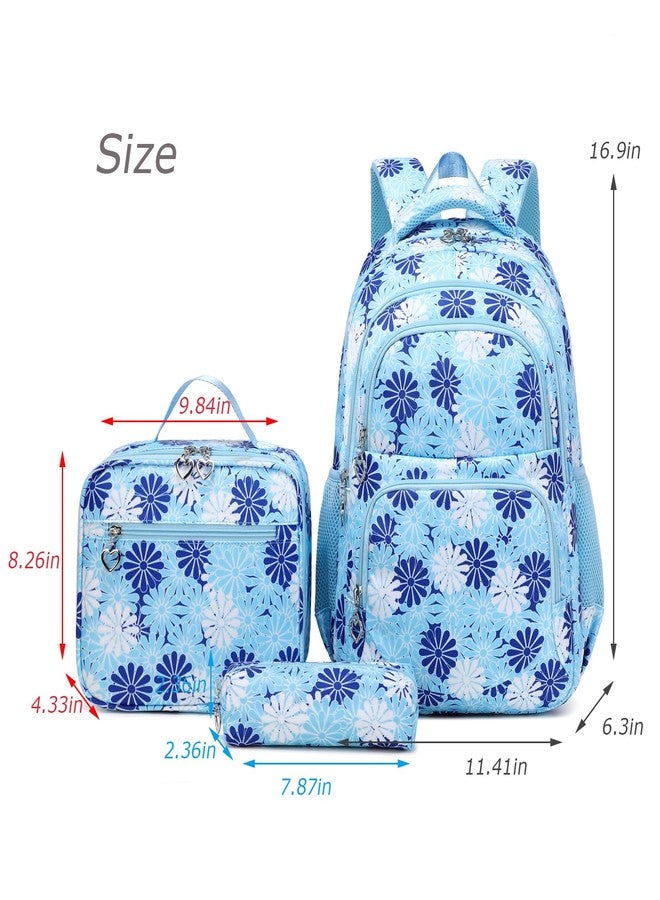 ZHIERNA Daisy Printed Backpacks for Girls with Lunch Bag Pencil Case 3pcs Set, Lightweight Elementary Bookbags for Teen Girls, Blue, Daypack Backpacks - Image 2