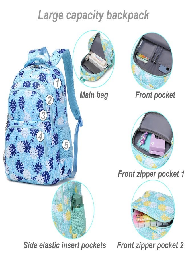 ZHIERNA Daisy Printed Backpacks for Girls with Lunch Bag Pencil Case 3pcs Set, Lightweight Elementary Bookbags for Teen Girls, Blue, Daypack Backpacks - Image 3
