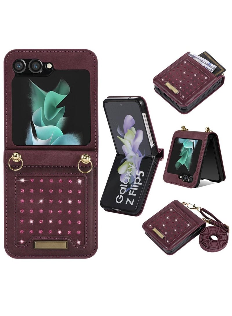 Samsung Galaxy Z Flip 5 Leather flip cover with card holder, lanyard, anti Theft brush, multiple functions phone protection case  - Image 1