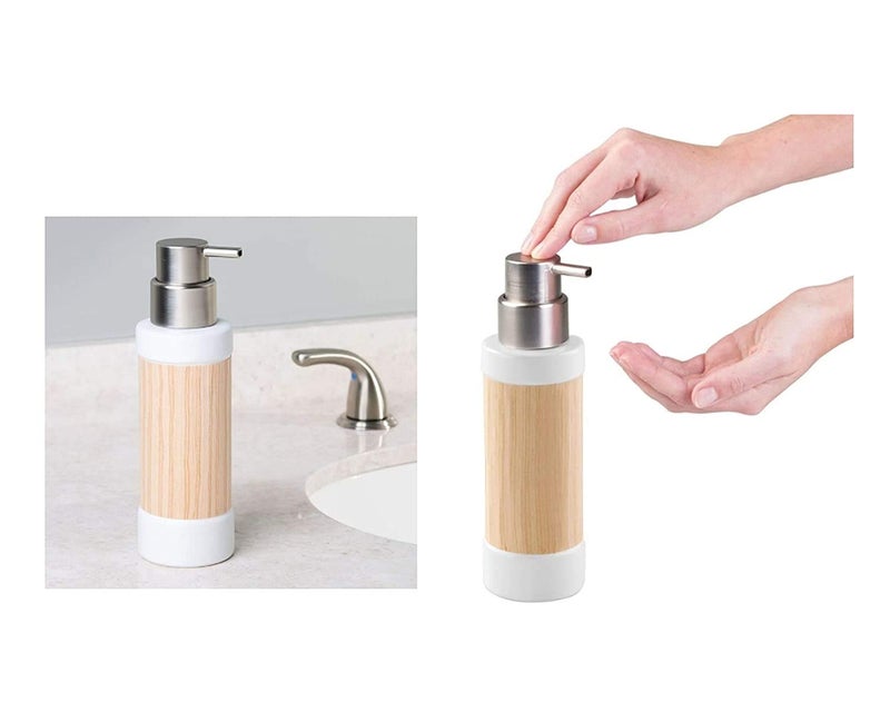 InterDesign Ceramic/Wooden Liquid Soap Dispenser for Bathroom or Kitchen, Refillable Bottle Dispenser with Rustproof Brushed Finish Plastic Head for Essential Oil, Lotion, Dish Soap -340 ml - Image 3