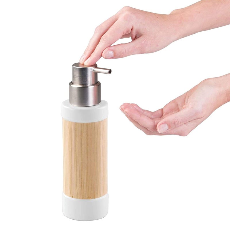 InterDesign Ceramic/Wooden Liquid Soap Dispenser for Bathroom or Kitchen, Refillable Bottle Dispenser with Rustproof Brushed Finish Plastic Head for Essential Oil, Lotion, Dish Soap -340 ml - Image 4