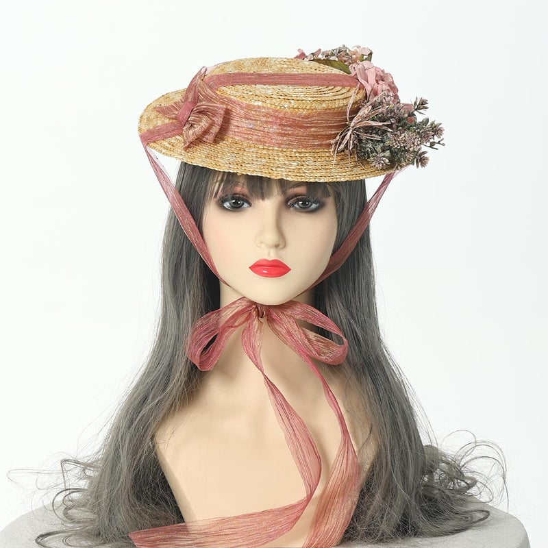 COSDREAMER Girls Women Tea Party Sun Hat Lace Ribbons Straw Hats Small Hat (P) - Image 3