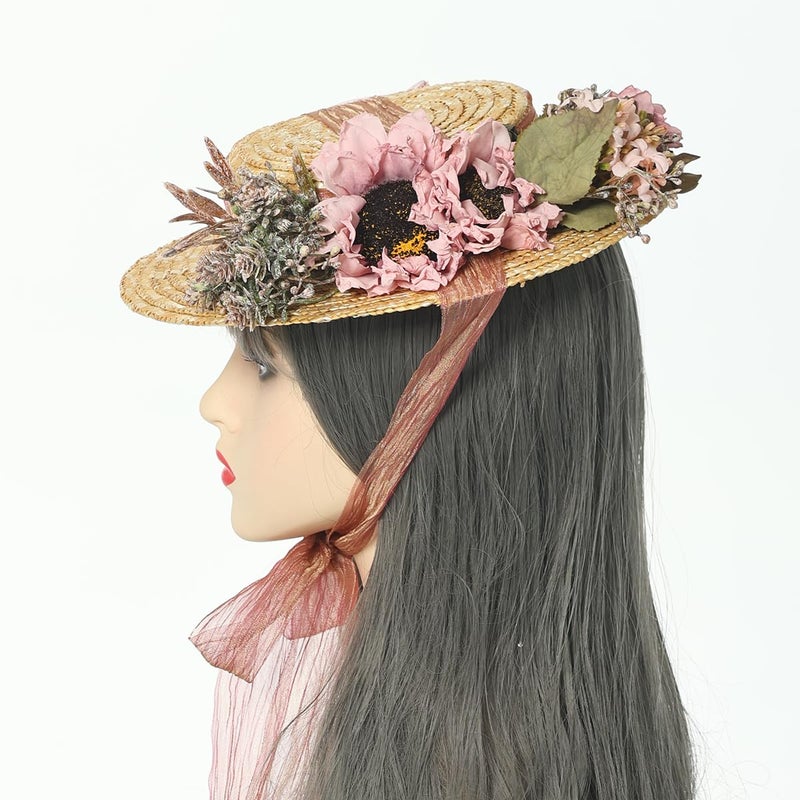 COSDREAMER Girls Women Tea Party Sun Hat Lace Ribbons Straw Hats Small Hat (P) - Image 5