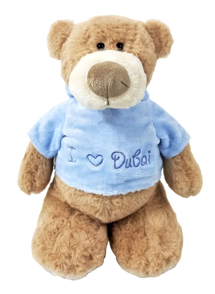 Mascot Bear with trendy Blue Velour Hoodie "I Heart Dubai" Size 28cm - Embroidered