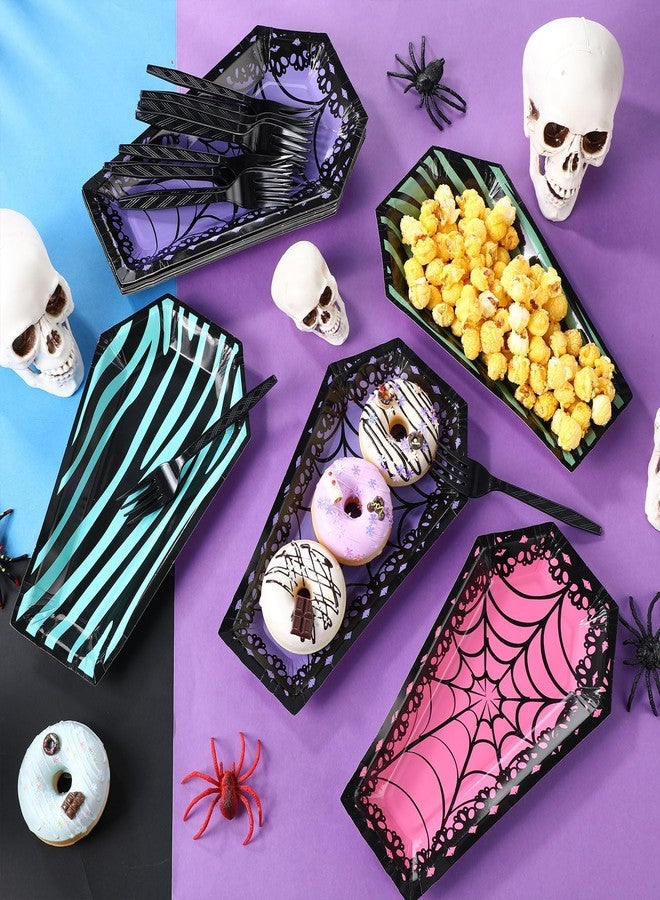 Remerry 24 Sets Halloween Coffin Plates with Black Forks Disposable Skeleton Tombstone Paper Plates and Forks Scary Sweet Birthday Party Decorations for Guest Spooky Halloween Party Tableware Supplies - Image 5