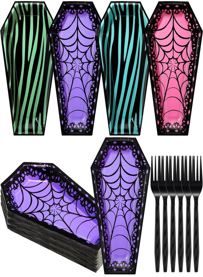 Remerry 24 Sets Halloween Coffin Plates with Black Forks Disposable Skeleton Tombstone Paper Plates and Forks Scary Sweet Birthday Party Decorations for Guest Spooky Halloween Party Tableware Supplies - Image 1