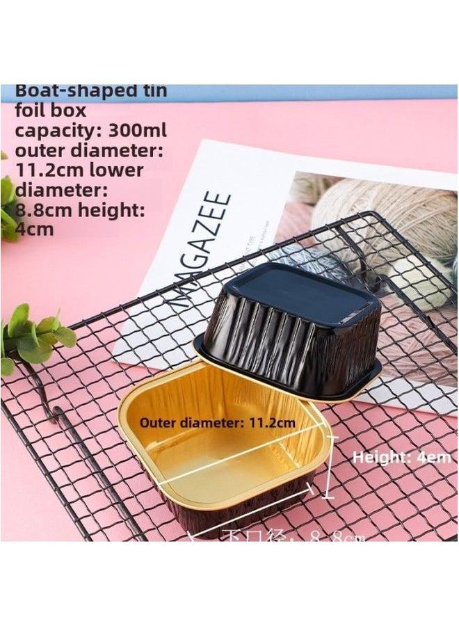 Household Aluminum Foil Tin Paper Box Air Fryer Special Disposable Cake Pudding Baking Mold Small Cup-Specifications:Black Gold Boat 300ml-Color:Without Cover  - Image 1