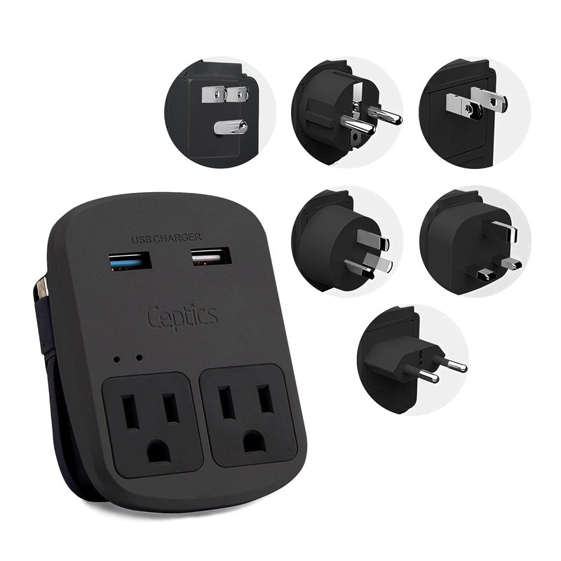 Ceptics World Travel Adapter Kit - QC 3.0 Dual USB + Dual US Outlets, Surge Protection, Perfect For Europe, UK, China, Australia, Japan, Perfect For Laptop, Cell Phones, Cameras - Safe ETL - Black - Image 1