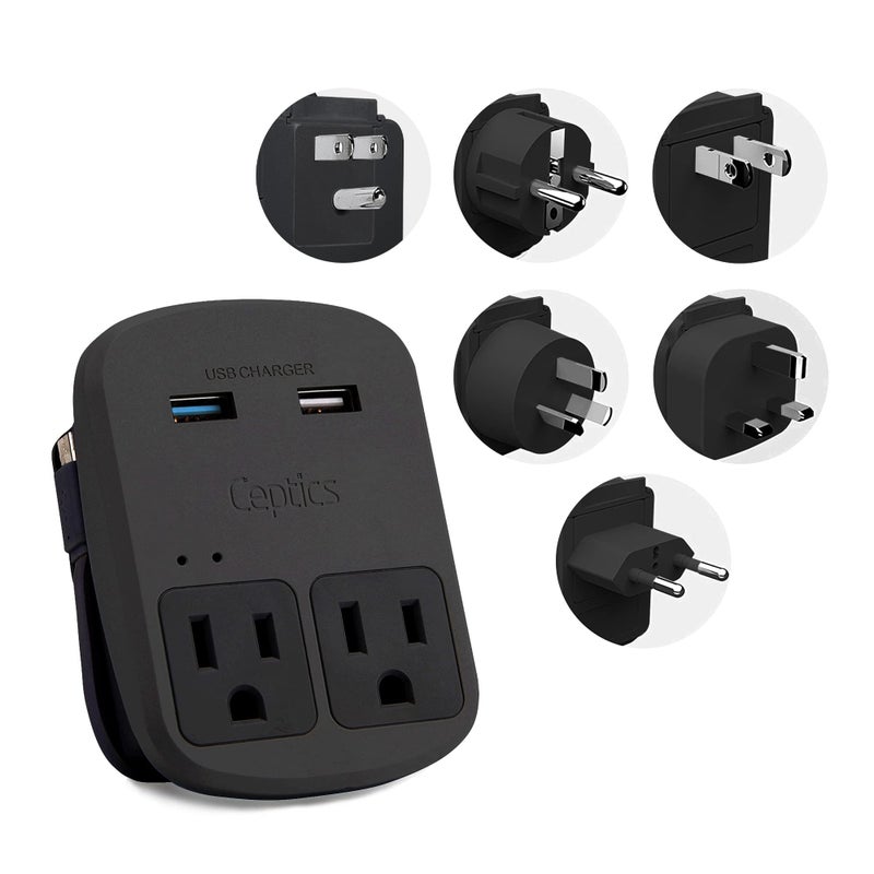 Ceptics World Travel Adapter Kit - QC 3.0 Dual USB + Dual US Outlets, Surge Protection, Perfect For Europe, UK, China, Australia, Japan, Perfect For Laptop, Cell Phones, Cameras - Safe ETL - Black - Image 2