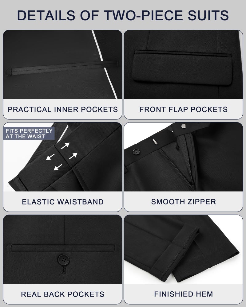 Cooper & Nelson Men's Suit 2 Piece Set, One Button Slim Fit Tuxedo with Jacket Pants Tie for Wedding, Business, Prom Black M - Image 4