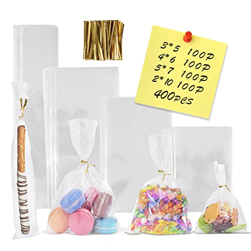 NEOACT 400 PCS Clear Flat Cellophane Treat Bags with 3x54x65x72x10Treat Bags with Ties are Good for Pretzel RodsBakery Cookies CandiesDessert - Image 2