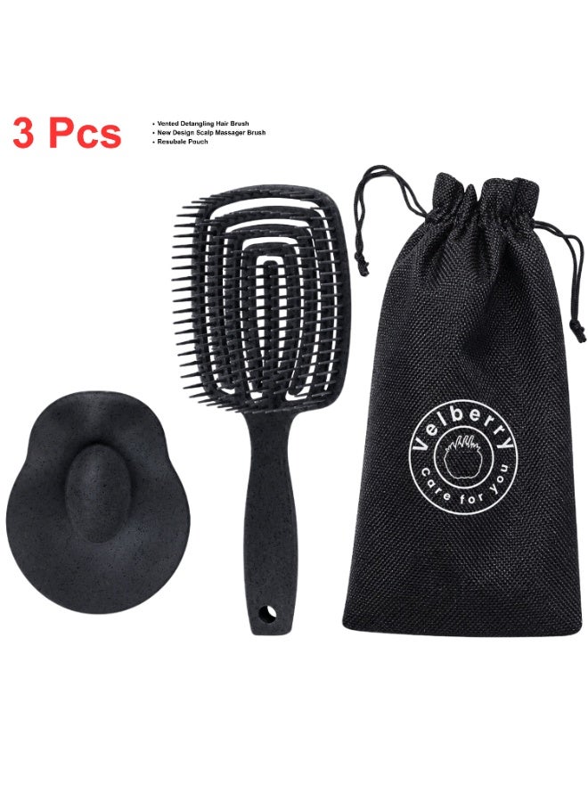 Velberry 3-Piece Hair Brush & Scalp Massager Set | Vented Detangling Brush, Silicone Shampoo Scalp Scrubber with Travel Pouch for Wet & Dry Hair - Image 1