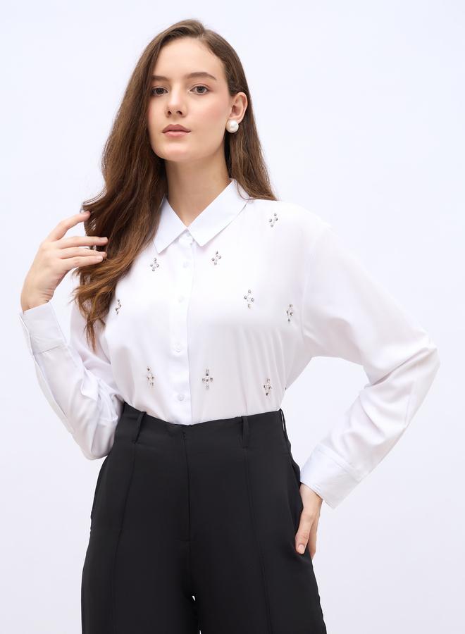 Styli Women White Embellished Long Sleeve Shirt - Image 2