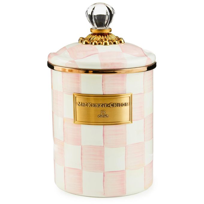 mackenzie childs MACKENZIE-CHILDS Rosy Check Enamel Canister, Pink-and-White Kitchen Storage Container with Lid, Medium - Image 1