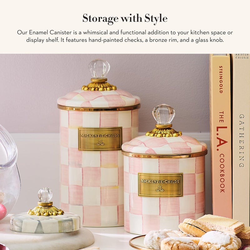 mackenzie childs MACKENZIE-CHILDS Rosy Check Enamel Canister, Pink-and-White Kitchen Storage Container with Lid, Medium - Image 2